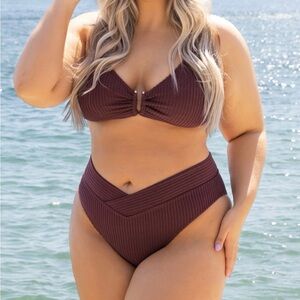 CUPSHE Downy Rib V-Wire Bralette & V-Front High Waist Cheeky Bikini Set XL